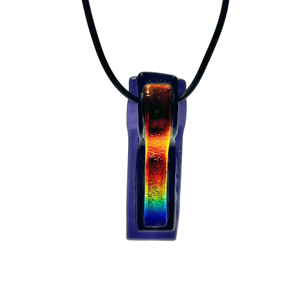 LGBTQ Pride Rainbow Dichroic Glass Pendant Necklace Black Fused Glass Art‎